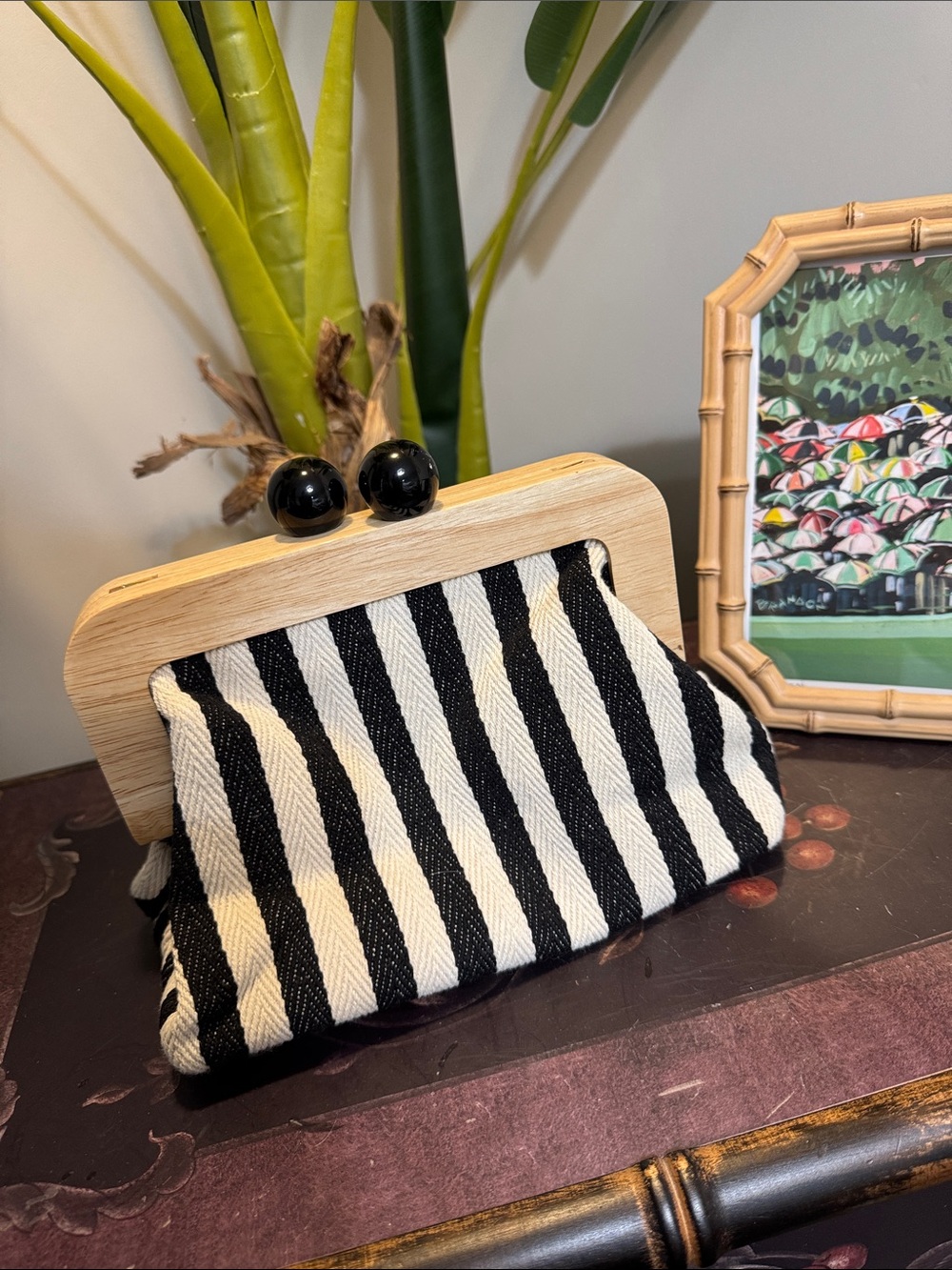 Black and Cream Striped Clutch with Wooden Frame